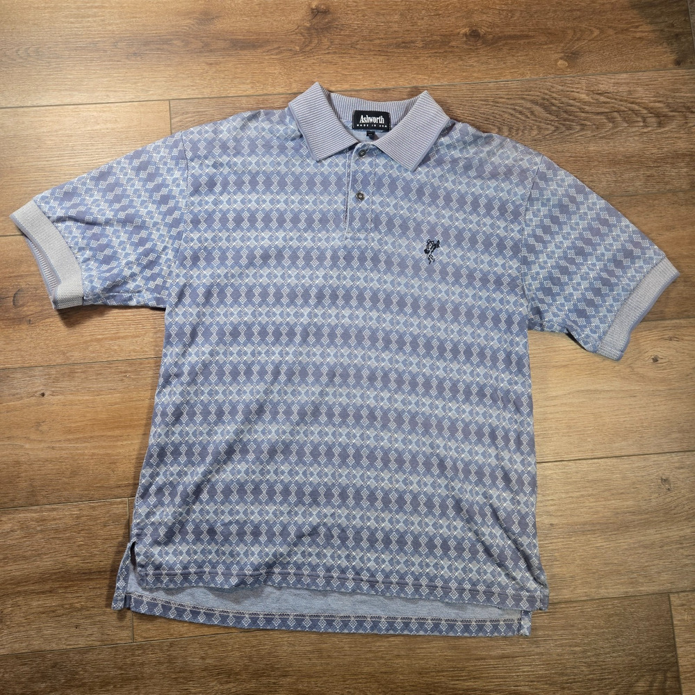 Vintage Ashworth Polo Shirt Mens XS Blue Geometric Textured Golf Logo USA 90s
